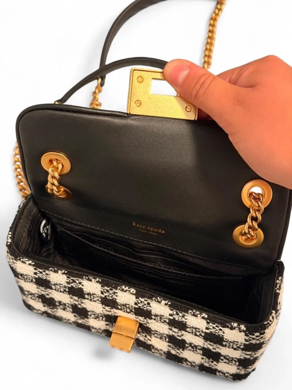 kate spade Black and Cream Check Crossbody with Gold Chain
